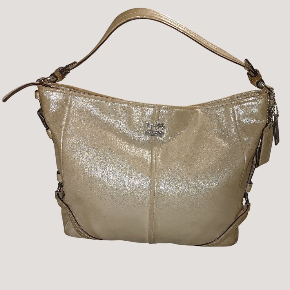 Coach Metallic Gold Leather Tote Bag Adjustable Strap Light Blue Interior